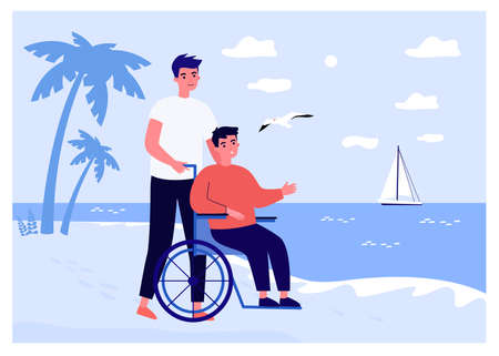 Young man bringing his disabled friend to seaside. Flat vector illustration. Disabled person admiring landscape, sitting in wheelchair driven by young man. Resort, travel, disability, help conceptのイラスト素材