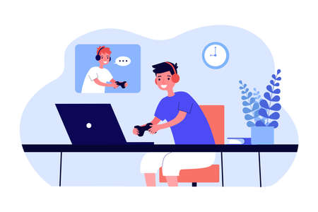 Boys playing network game flat vector illustration. Children having fun in headphones with controllers in front of laptops. Computer game, friendship, fun, hobby concept for design, landing pageのイラスト素材