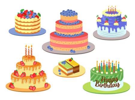Different elegant birthday cakes vector illustrations set. Designs of chocolate cakes with decor,...