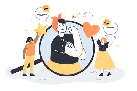 Empowering female leader showing fist and bicep. Diverse women holding heart and star flat vector illustration. Feminism, girl power, empowerment concept for banner, website design or landing web pageのイラスト素材