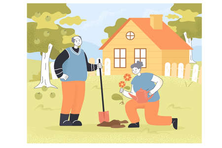 Cartoon grandparents plating flower in garden together. Elderly or senior man and woman gardening, growing plants flat vector illustration. Horticulture, family, healthy lifestyle, leisure conceptのイラスト素材
