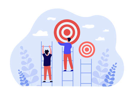 People climbing on success ladder to goal target. Leader man reaching target flat vector illustration. Successful career, leadership, achievement concept for banner, website design or landing web pageのイラスト素材