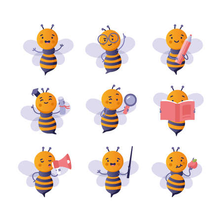 Back to school set with cute cartoon bee. Vector illustration of smart bee students in graduation cap or glasses studying with book and pencil, insect teacher with pointer. Education, animal conceptのイラスト素材