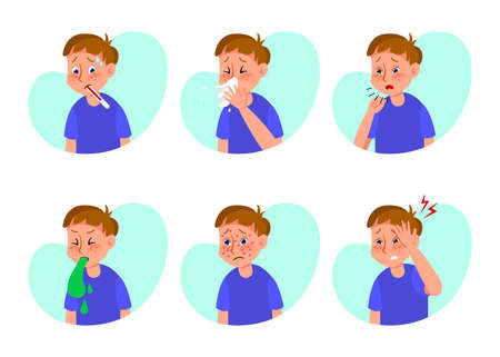 Ill boy with flu or cold flat vector illustrations set. Cartoon kid with symptoms of grippe, allergy or influenza, cough, nausea, fever, skin rash isolated on white background. Health, disease conceptのイラスト素材