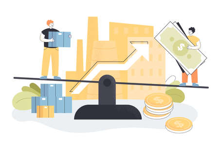 Business investors balancing on scales, achieving profit growth. Tiny people investing money in local factory production flat vector illustration. Dynamic finance balance of microeconomics conceptのイラスト素材