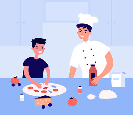 Chef making pizza with small kid. Cook preparing Italian traditional food with child in restaurant together. Children tutorial, class. Hobby activity. Cartoon vector illustration.のイラスト素材