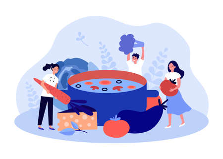 Team of tiny people making vegetable soup. Female and male characters holding vegetables for cooking flat vector illustration. Healthy food diet concept for banner, website design or landing web pageのイラスト素材