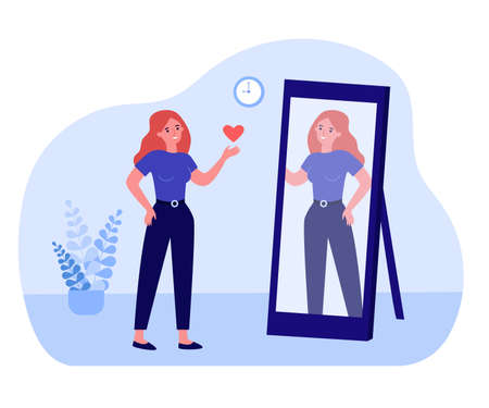 Woman looking in mirror and sending heart to reflection. Confident happy female character flat vector illustration. Self love and confidence concept for banner, website design or landing web pageのイラスト素材