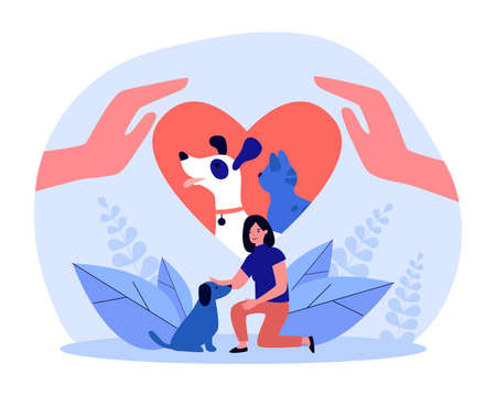 Adopted pets in human heart. Woman loving dog, adopting homeless puppy flat vector illustration. Adoption, love to animals and charity care concept for banner, website design or landing web pageのイラスト素材