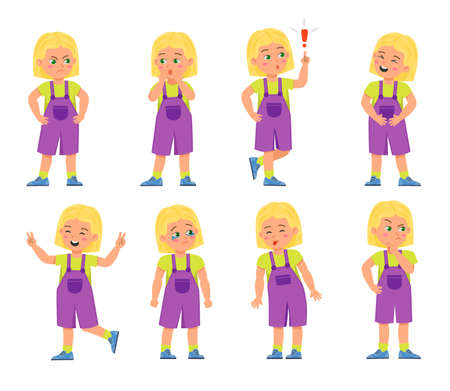 Girl child emotion states cartoon vector set. Small little kids face expressions. Schoolgirl children moods. Expressive collection or bundle for emotions or feelings concept.のイラスト素材