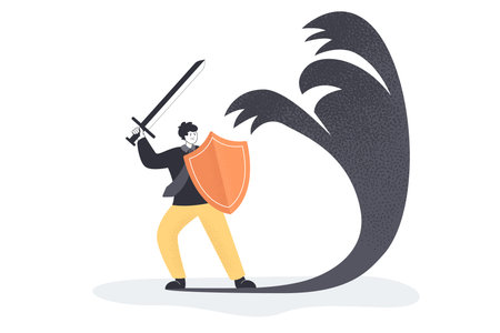 Businessman cartoon character threatening shadow. Man with sword and shield fighting against symbol of fear, anxiety, ego or phobia flat vector illustration. Conflict, emotions, success conceptのイラスト素材
