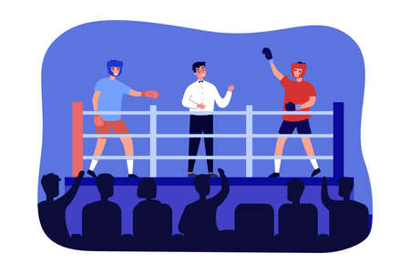 Referee announcing winner of match to audience. Happy boxer champion raising hand on boxing ring flat vector illustration. Victory, sports concept for banner, website design or landing web pageのイラスト素材