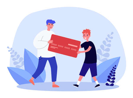 Father giving credit card to son. Tiny man and boy holding card together flat vector illustration. Family budget, financial education, savings concept for banner, website design or landing web pageのイラスト素材