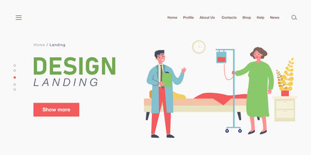 Young doctor and old woman in hospital. Flat vector illustration. Medical worker visiting patient,...