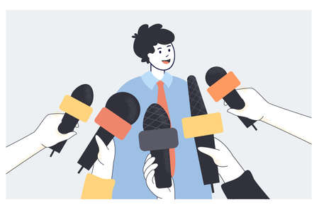 Cartoon man giving comments into microphones for television or press. Boy giving interview or opinion to public using mic flat vector illustration. Breaking news, reportage, tv program conceptのイラスト素材