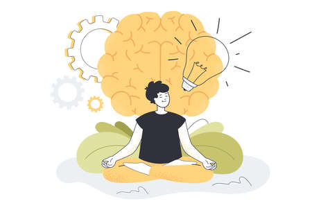 Young man practicing yoga exercises for mental and body health. Happy tiny guy sitting in meditation in front of brain flat vector illustration. Power of mind, healthy lifestyle, harmony conceptのイラスト素材