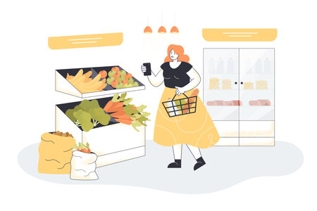 Funny woman with shopping basket choosing fruits and vegetables on shelves at grocery store. Customer buying good food in shop or supermarket flat vector illustration. Nutrition, going to shop conceptのイラスト素材