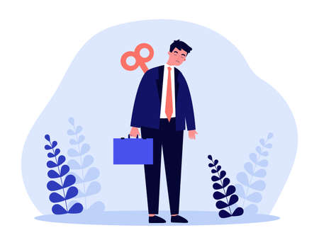 Exhaustion of professional tired male employee with key in back. Unmotivated man with stress flat vector illustration. Burnout from hard work concept for banner, website design or landing web pageのイラスト素材