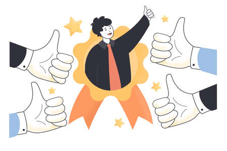 Recognition of employees best work by boss and colleagues. Hands of employers making thumbs up to popular happy man flat vector illustration. Reputation, human resources, career success conceptのイラスト素材
