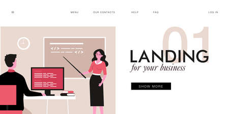 Teacher leading lesson flat vector illustration. Woman standing at blackboard with pointer and student listening to lecture, sitting at computer. Computer, science, lesson, lecture, education conceptのイラスト素材