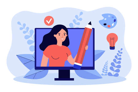 Distance drawing course with female artist. Woman on computer screen holding pencil flat vector illustration. Art master class online, hobby concept for banner, website design or landing web pageのイラスト素材