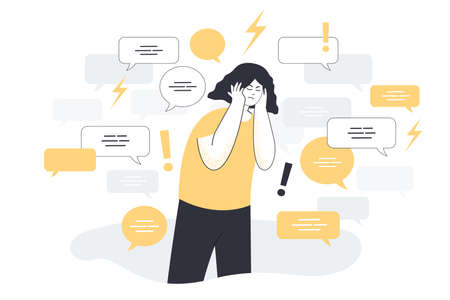 Sad young woman surrounded by speech bubbles covering ears with hands to stop information noise. Social media telling news full of hoax flat vector illustration. Disinformation, advertising conceptのイラスト素材