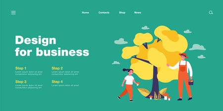Happy man and girl collecting mushrooms. Forest, flora, food flat vector illustration. Outdoor activity and nature concept for banner, website design or landing web pageのイラスト素材