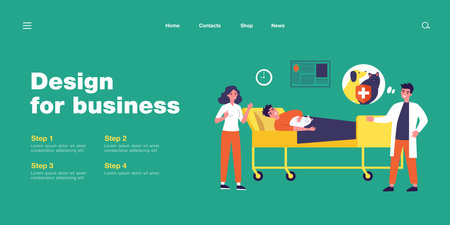 Cartoon medical workers, patient lying in bed with cat. Flat vector illustration. Doctors conducting cat therapy for patient lying in hospital bed. Animal, medical methods, treatment strategy conceptのイラスト素材