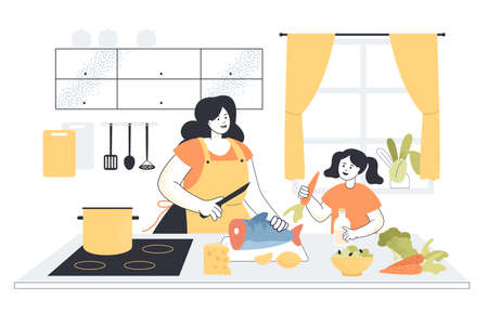 Young mother in apron and daughter baking fish with vegetables in kitchen. Cartoon mom and kid girl making healthy food at home together flat vector illustration. Family time, household conceptのイラスト素材