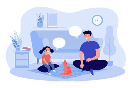 Father speaking with daughter sitting on floor in cozy living room. Parent and child playing with cat flat vector illustration. Family relationship concept for banner, website design, landing web pageのイラスト素材