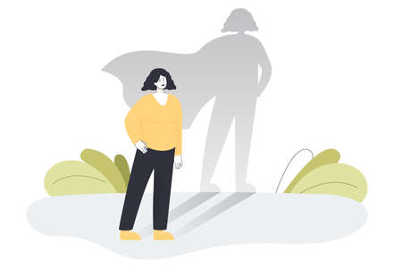 Brave fearless woman standing with invincible superhero shadow. Power, courage and bravery of female strong leader flat vector illustration. Feminism, successful leadership and emancipation conceptのイラスト素材