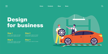 Male workers repairing car flat vector illustration. Cheerful men in uniform replacing tires. Auto service, diagnostics, transport concept for banner, website design or landing web pageのイラスト素材