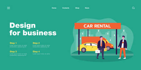 Salesman and customer standing in front of different cars. Male character making deal, selling vehicle flat vector illustration. Car rental, traveling concept for website design or landing web pageのイラスト素材