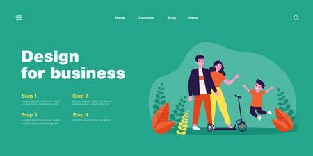 Young mom, dad and happy kid with scooter. Flat vector illustration. Parents giving their son scooter, walking together in nature. Family, transport, entertainment, gift, attention, childhood conceptのイラスト素材