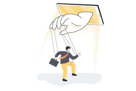 Hands from mobile phone controlling tiny businessman puppet. Persuasive control and manipulation of online news in social media for man with briefcase flat vector illustration. Propaganda conceptのイラスト素材
