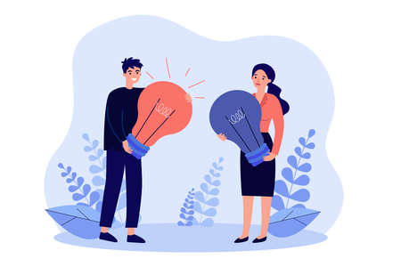 Tiny employees with light bulbs on or off in hands. Man holding glowing lightbulb flat vector illustration. Innovation, business idea generation concept for banner, website design or landing web pageのイラスト素材
