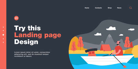 Elderly man going on hike flat vector illustration. Grandfather floating on river, sitting in boat, tent on shore. Camping, old age, retirement, travel, vacation, tourism concept for banner designのイラスト素材