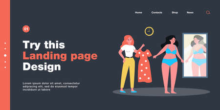 Friends choosing outfit together flat vector illustration. Plump woman in underwear looking in mirror while friend holding dress. Overweight, self-esteem, style, clothing, friendship conceptのイラスト素材