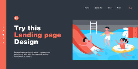 Happy children having fun in swimming pool. Boy on waterslide, kid in inflatable armbands, girl with rubber ring flat vector illustration. Summer activity, vacation concept for banner, website designのイラスト素材