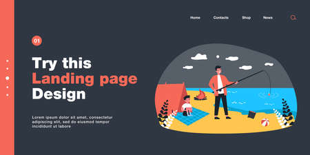 Father fishing on beach with his little son. Flat vector illustration. Young man and boy spending time in tent on shore, making bonfire. Childhood, nature, fatherhood, travel, hike, tourism conceptのイラスト素材