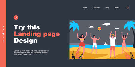 Group of friends playing with ball on beach. People in swimming suits on seashore flat vector illustration. Summer, vacation, outdoor activity concept for banner, website design or landing pageのイラスト素材