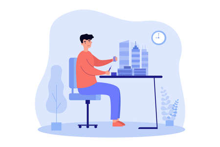 Architect or engineer building futuristic city model. Man engineering urban area at desk flat vector illustration. Urbanism, architecture concept for banner, website design or landing web pageのイラスト素材