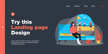 Sad woman with broken leg looking at people playing outside. Girl with leg in cast sitting on bed indoors flat vector illustration. Injury, summer concept for banner, website design or landing pageのイラスト素材
