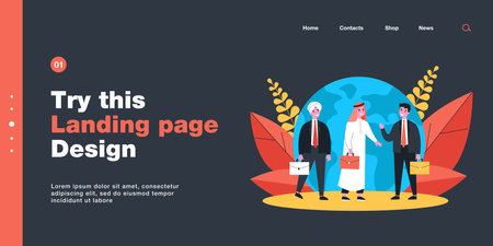 Indian, Arab and European businessmen in front of globe. Men of different nationalities making deal flat vector illustration. International communication, partnership concept for banner, websiteのイラスト素材