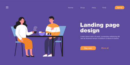 Happy couple having breakfast together. Boyfriend and girlfriend chatting at table in kitchen flat vector illustration. Romance, relationship concept for banner, website design or landing web pageのイラスト素材