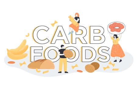 Tiny people and unhealthy nutrition with high energy, cholesterol and glucose. Tasty and delicious diet to gain weight with snacks, junk and wheat food flat vector illustration. Carb food conceptのイラスト素材
