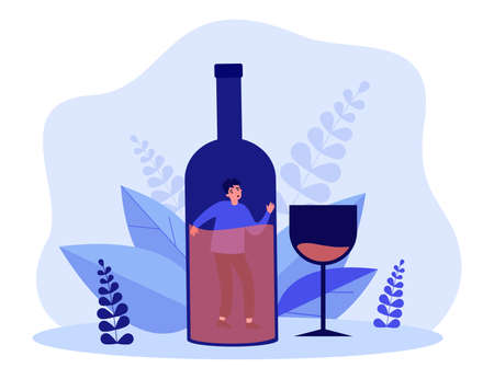 Scared man trapped in huge bottle of wine. Alcoholic inside of wine bottle, wineglass flat vector illustration. Alcohol, alcoholism, addiction concept for banner, website design or landing web pageのイラスト素材