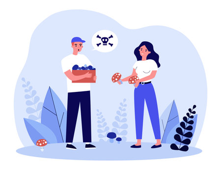 Cartoon couple picking mushrooms together in forest. Wife holding poisonous red fungi flat vector illustration. Food, danger, outdoor activity concept for banner, website design or landing web pageのイラスト素材