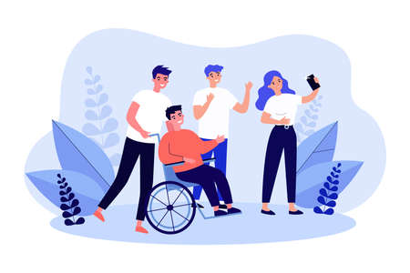 Friends taking selfie together with man in wheelchair. Group of people taking photo with guy with physical disability flat vector illustration. Disability, friendship, communication concept for bannerのイラスト素材