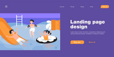 Happy children having fun in swimming pool. Boy on waterslide, kid in inflatable armbands, girl with rubber ring flat vector illustration. Summer activity, vacation concept for banner, website designのイラスト素材